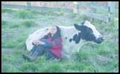 Woman relaxing with cow in field